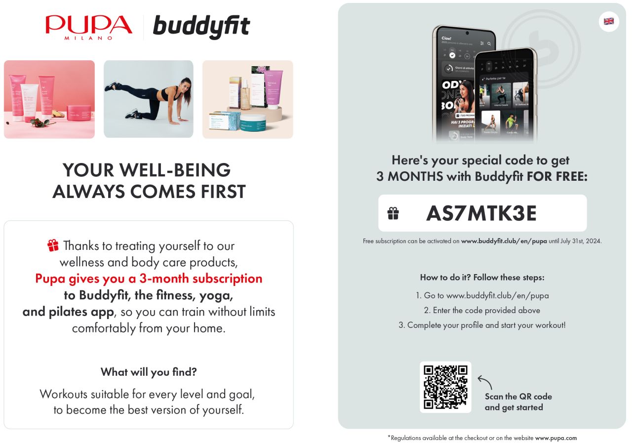 Free 3-month subscription at Buddyfit - PUPA Milano